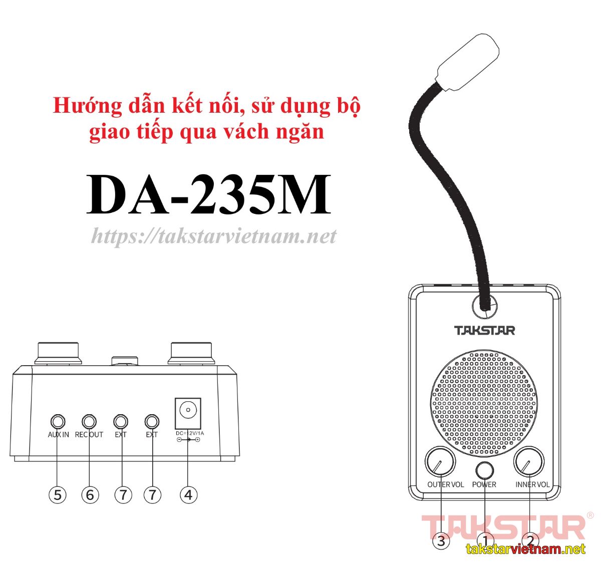 Hướng dẫn kết nối, sử dụng bộ giao tiếp qua vách ngăn DA-235M Takstar