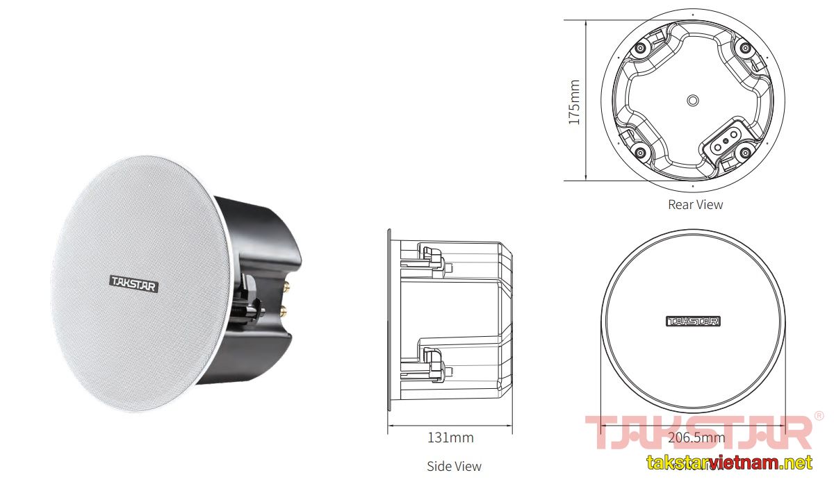 Kích thước Loa âm trần trở kháng 8Ω công suất 40W Takstar EBS-400