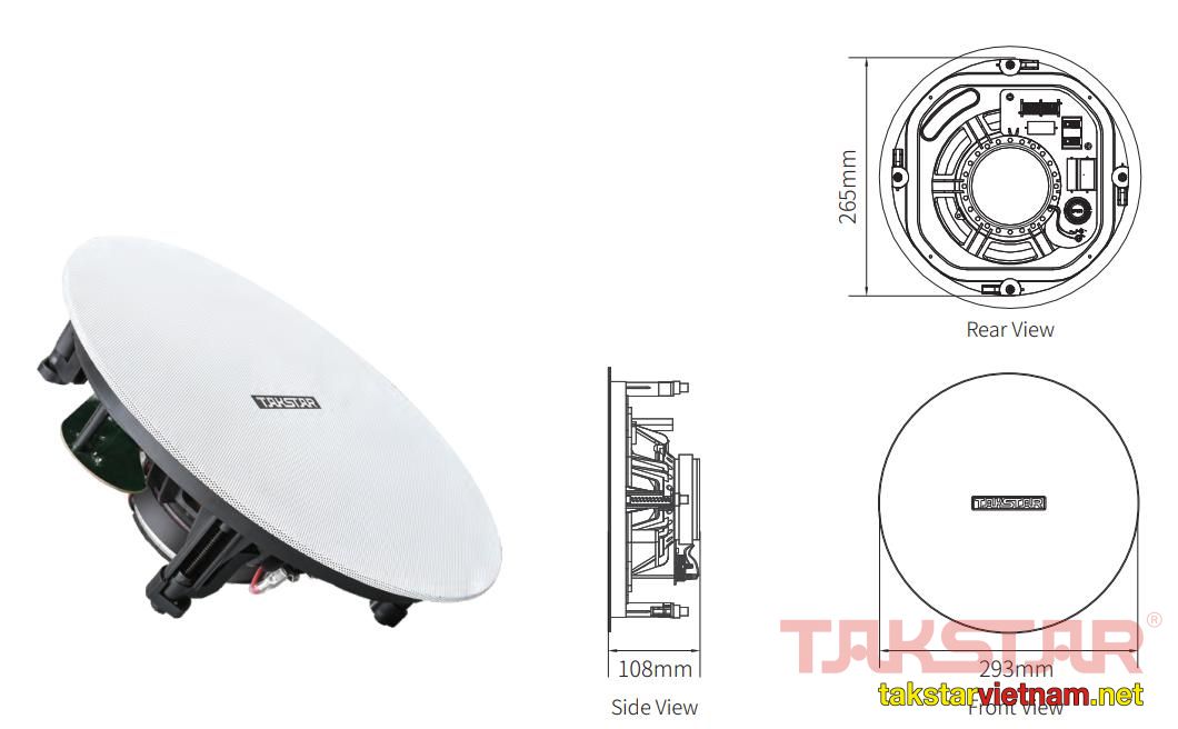 Kích thước loa âm trần trở kháng 8Ω công suất 100W Takstar EBS-750