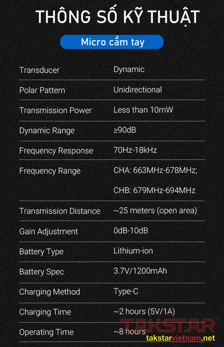 Thông số kỹ thuật Micro cầm tay không dây TS-K300